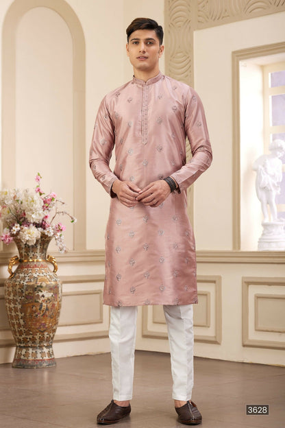 Raivat Ethnic Men's Art Silk Thread Work Kurta Pyjama In Cream Beige Colour