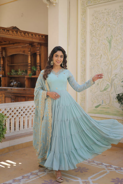 Joban Fashion Sky Blue Georgette Sequence Embroidery Work Kurta Set