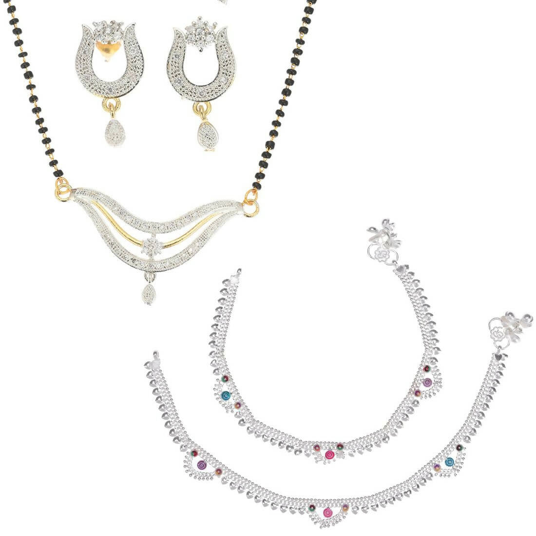 AanyaCentric Gold-Polished Mangalsutra Pendant Earring Set & Silver Plated Anklet