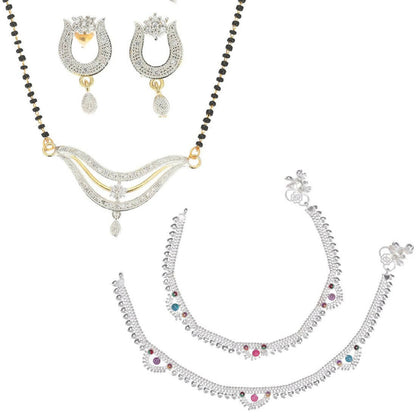 AanyaCentric Gold-Polished Mangalsutra Pendant Earring Set & Silver Plated Anklet