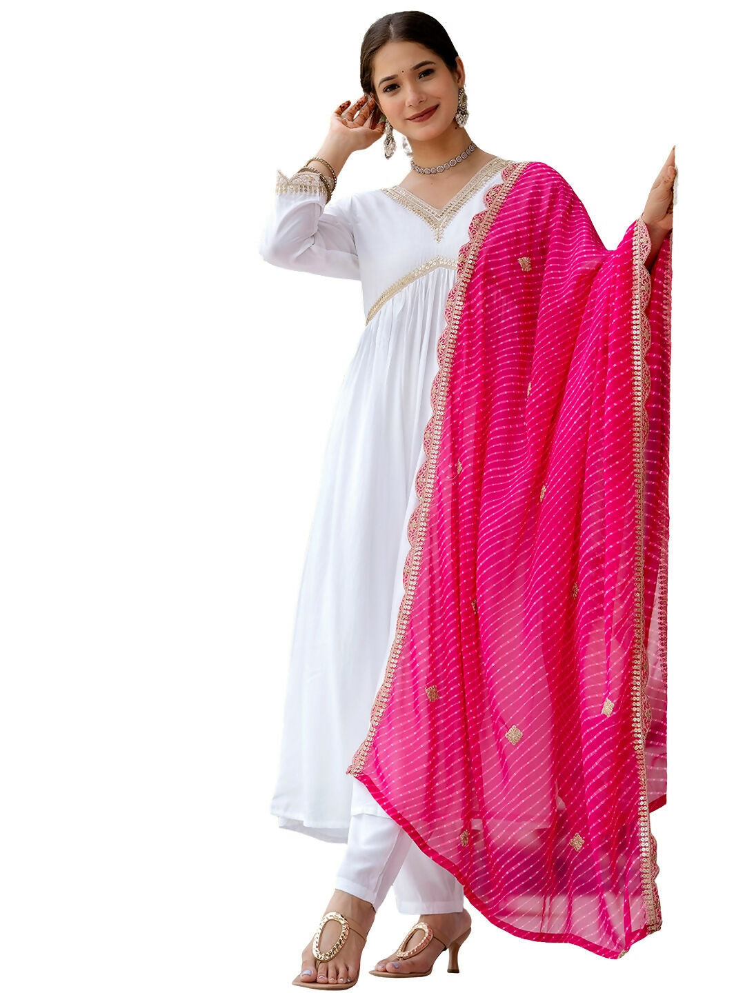 The52 White Women's Gorgeous Embroidered Chanderi Fabric Straight Kurta, Pant and Dupatta Set