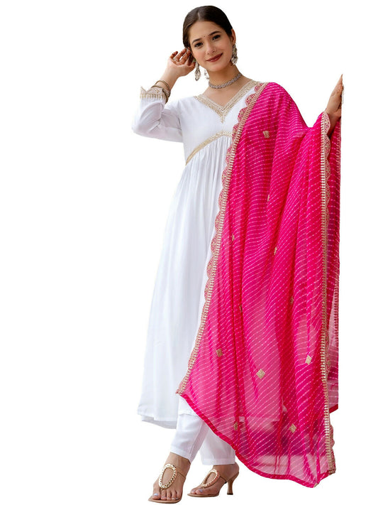 The52 White Women's Gorgeous Embroidered Chanderi Fabric Straight Kurta, Pant and Dupatta Set