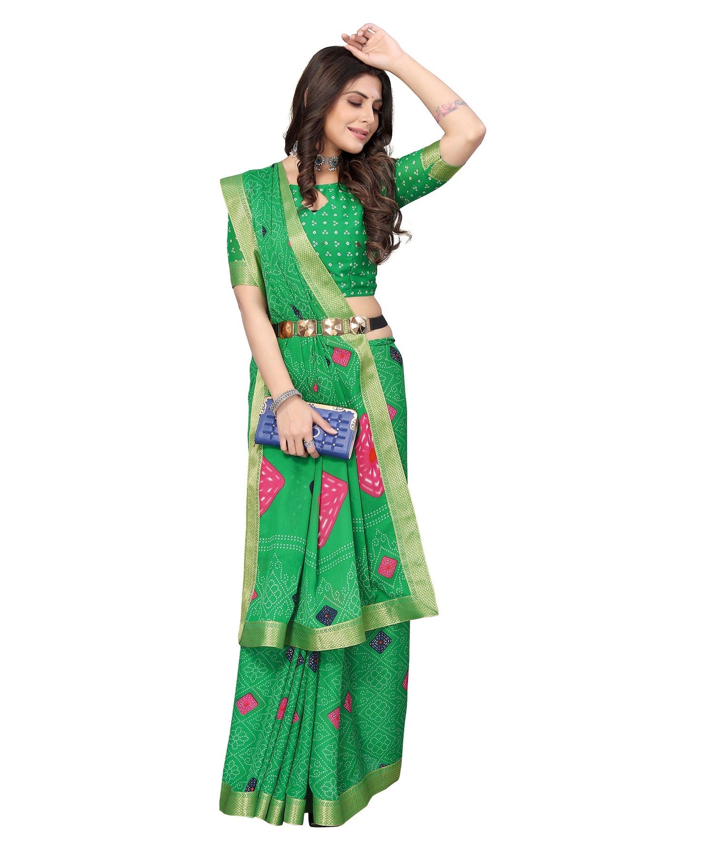 Vamika Green Georgette Printed With Lace Saree