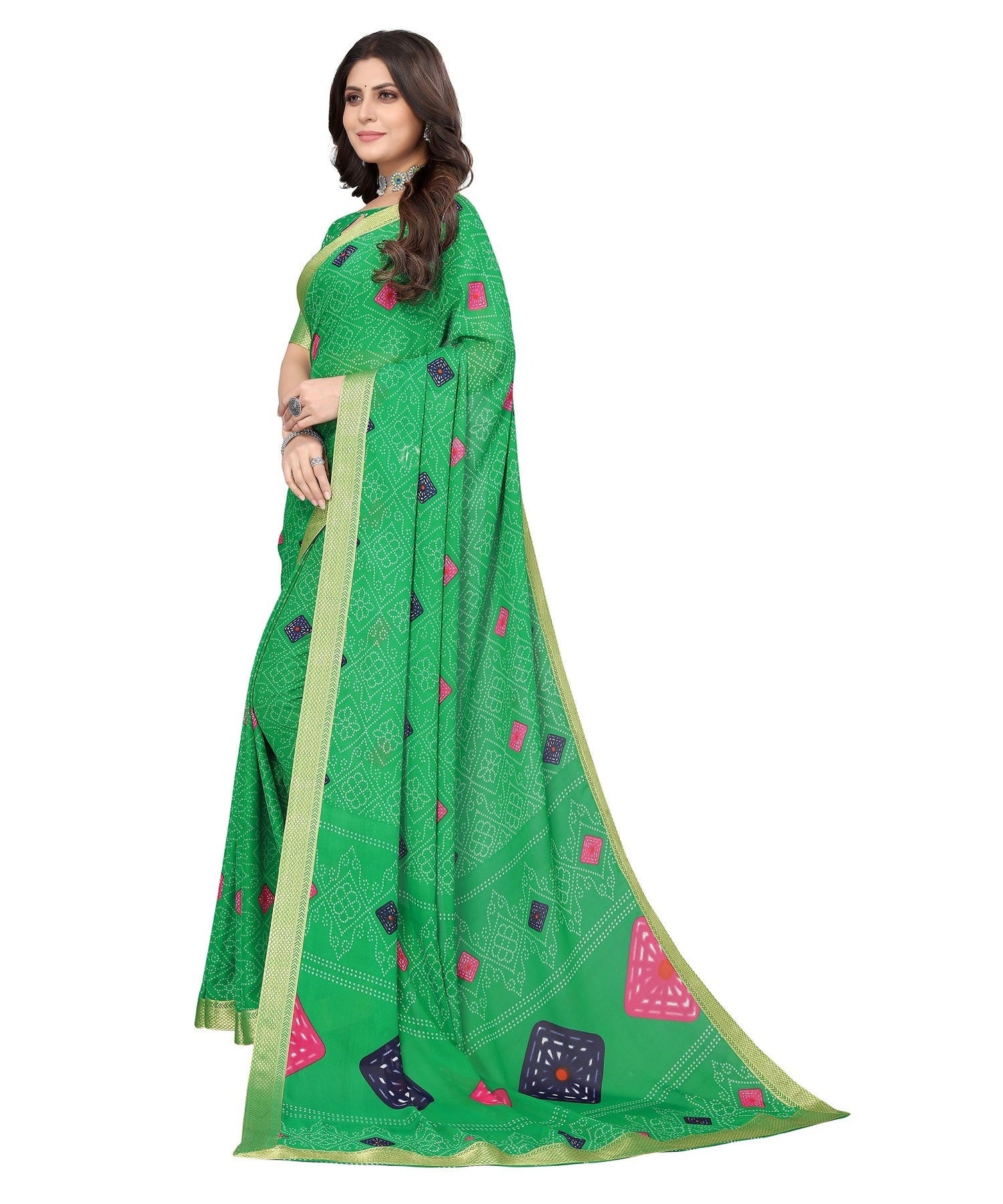 Vamika Green Georgette Printed With Lace Saree