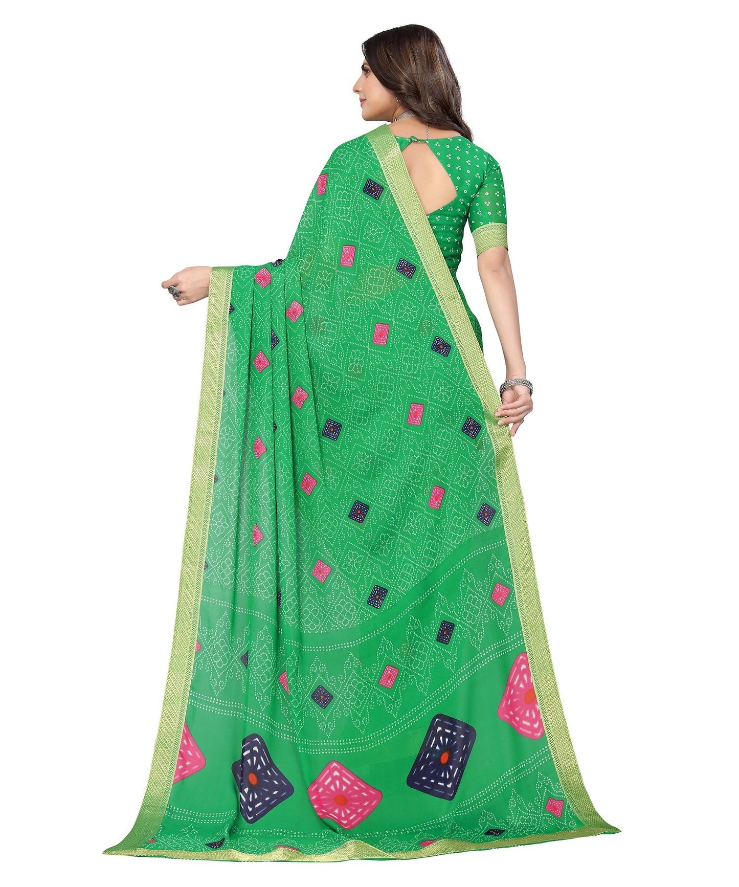 Vamika Green Georgette Printed With Lace Saree