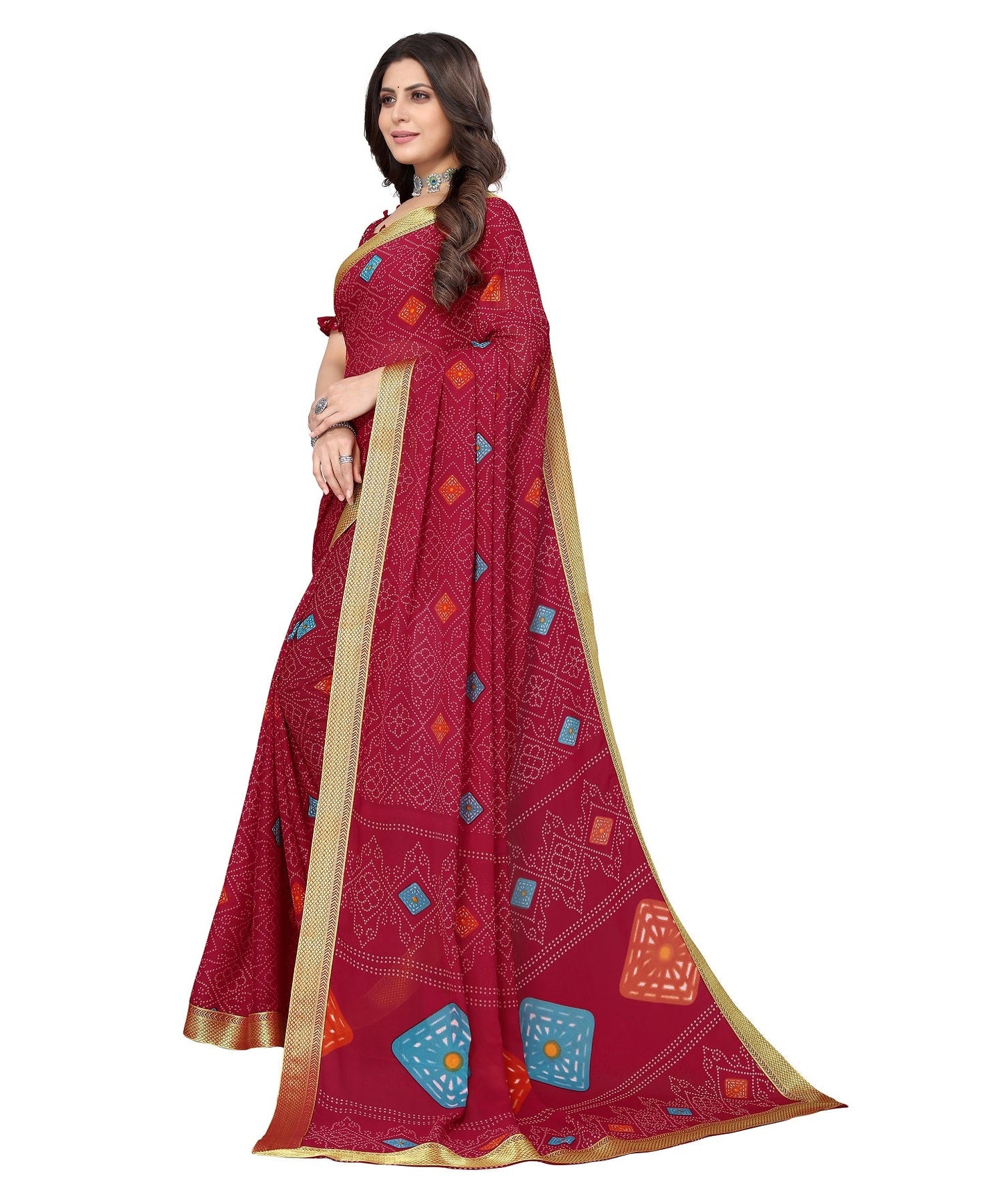 Vamika Maroon Georgette Printed With Lace Saree