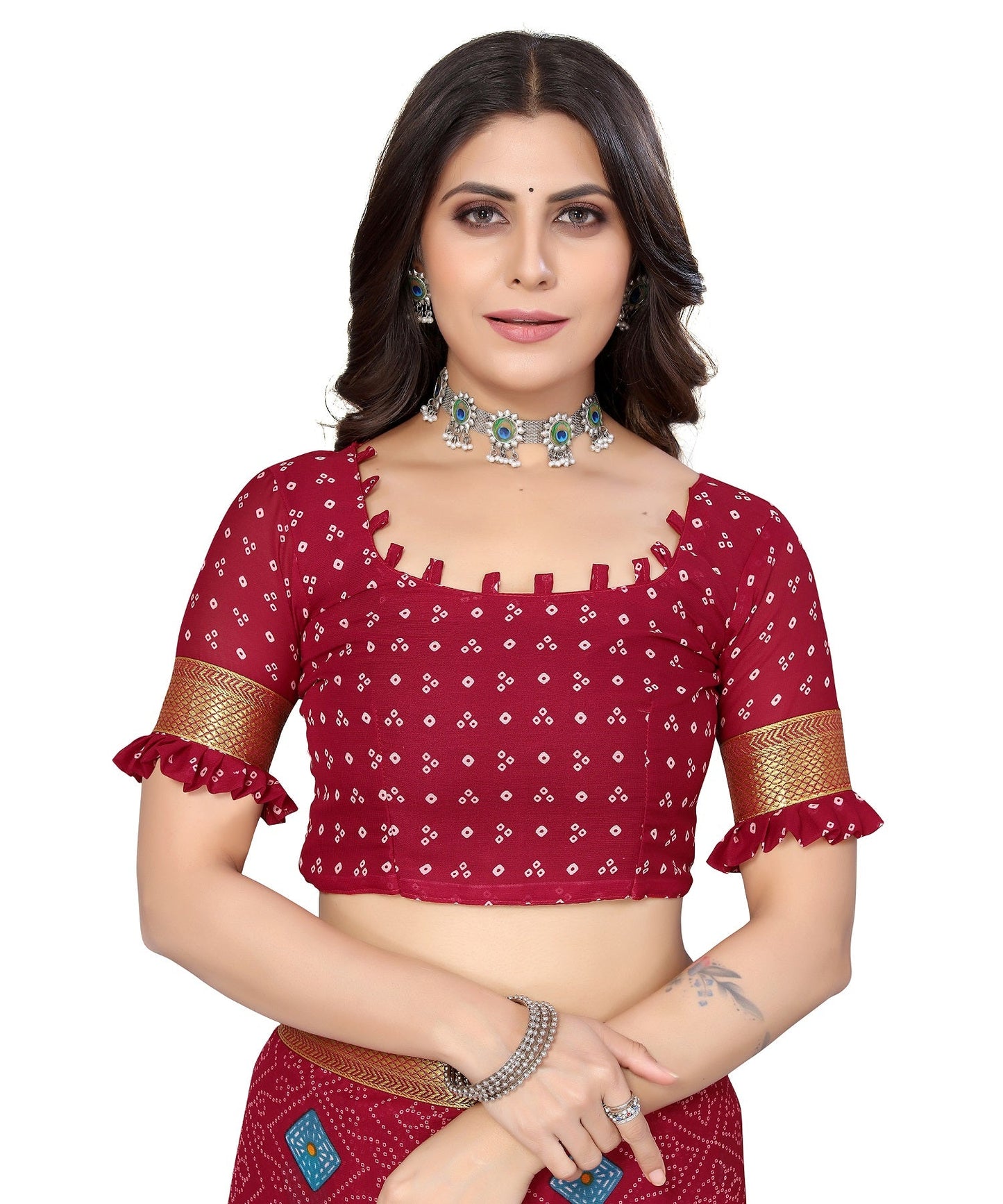 Vamika Maroon Georgette Printed With Lace Saree