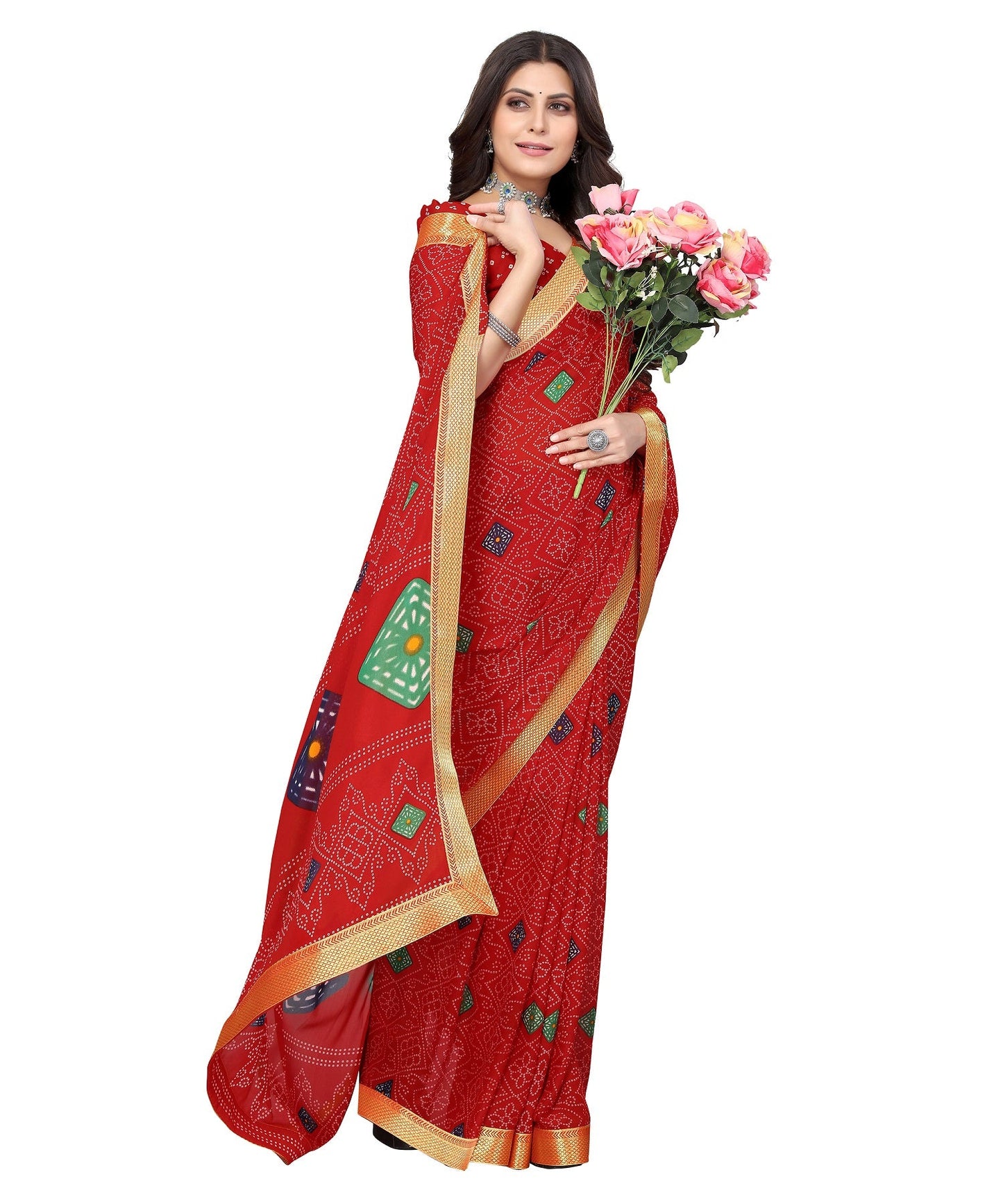 Vamika Red Georgette Printed With Lace Saree