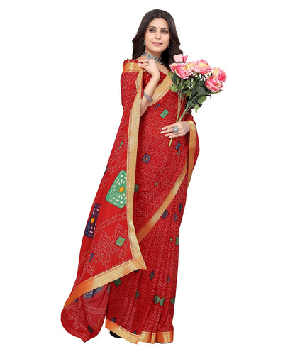 Vamika Red Georgette Printed With Lace Saree