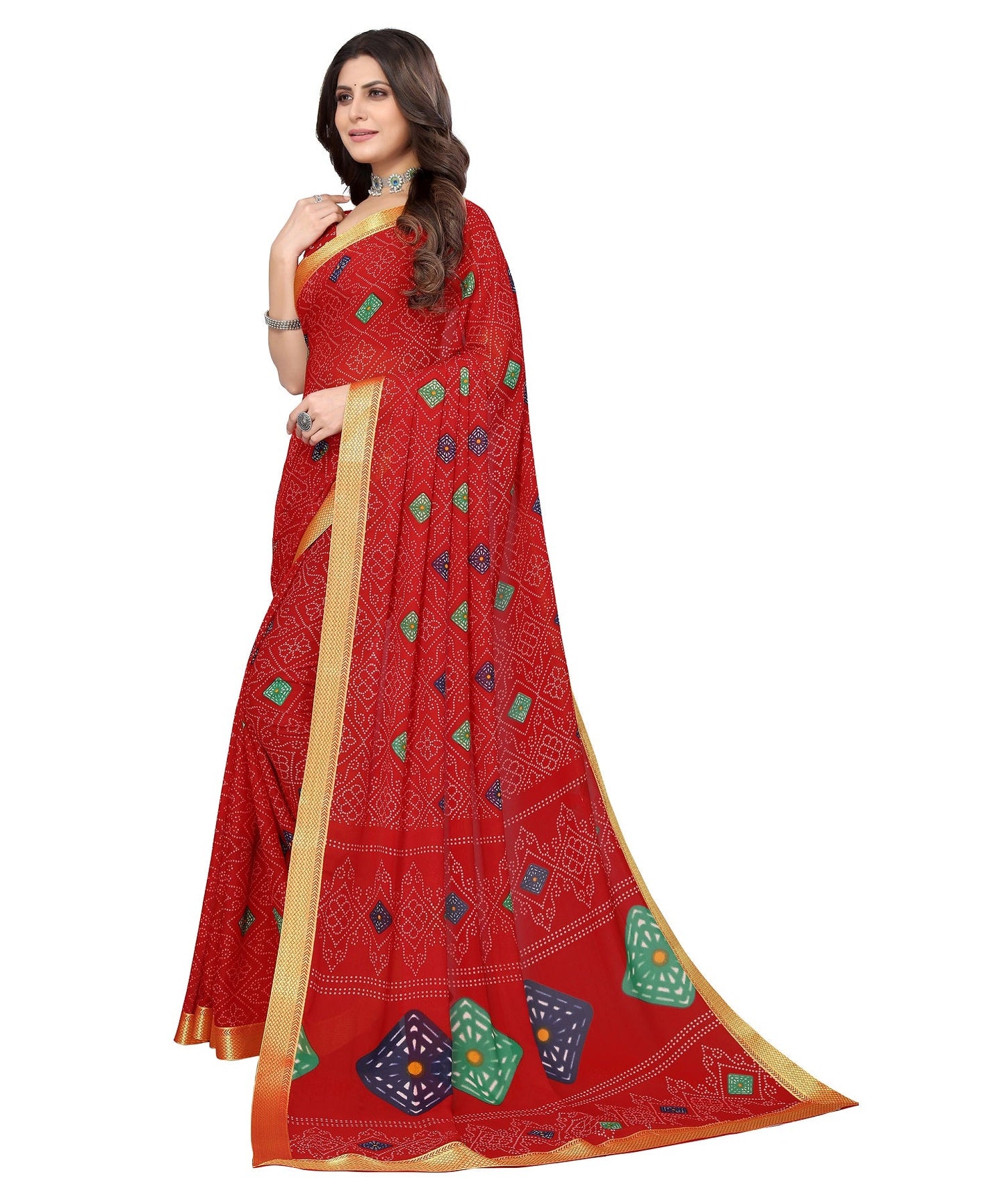 Vamika Red Georgette Printed With Lace Saree