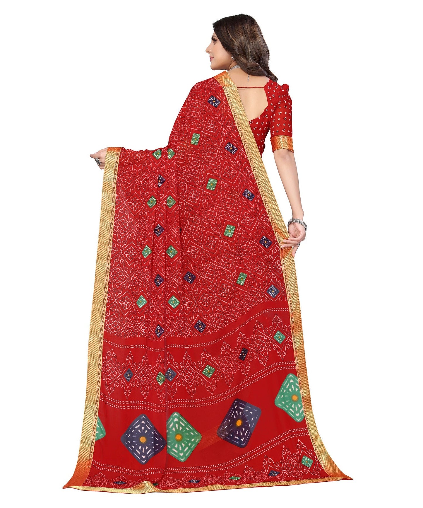 Vamika Red Georgette Printed With Lace Saree