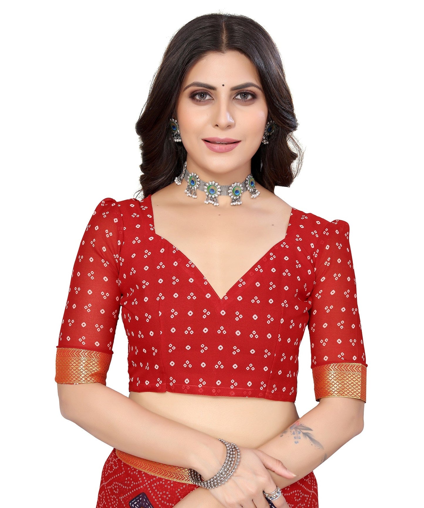 Vamika Red Georgette Printed With Lace Saree