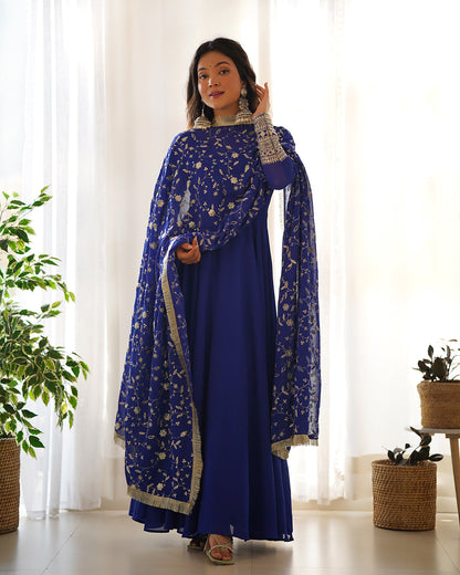 Lorenvalley Fashion Women Georgette Anarkali Gown Duppta Full Set With Pent Ready To Wear - Blue