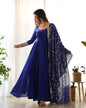 Lorenvalley Fashion Women Georgette Anarkali Gown Duppta Full Set With Pent Ready To Wear - Blue
