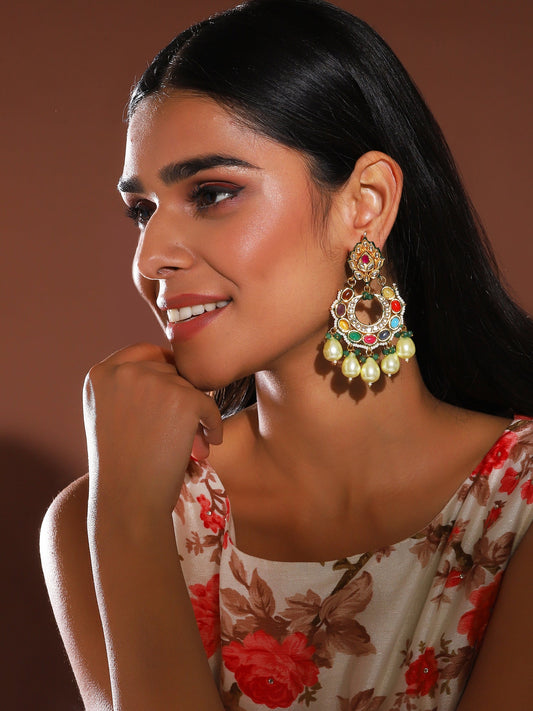 Multicoloured Gold-Polished Circular Drop Earrings - Ruby Raang