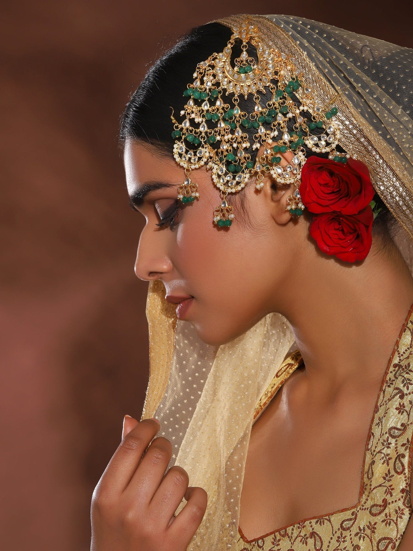 Gold-Polished White Green Kundan-Studded Beaded Jhoomar Passa - Ruby Raang
