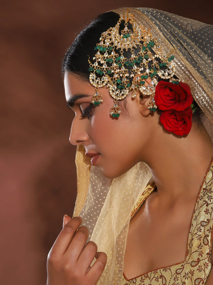 Gold-Polished White Green Kundan-Studded Beaded Jhoomar Passa - Ruby Raang