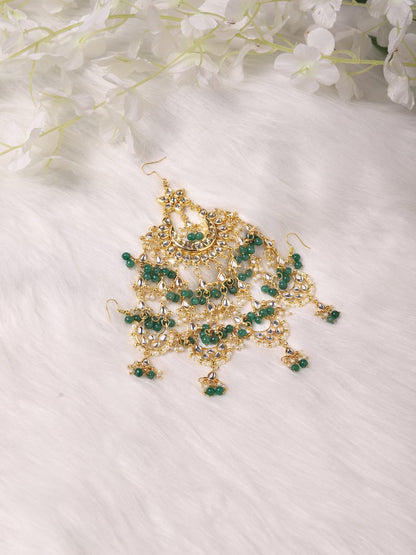 Gold-Polished White Green Kundan-Studded Beaded Jhoomar Passa - Ruby Raang