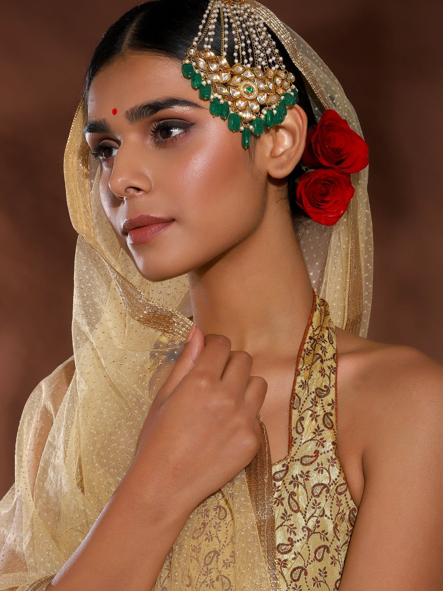 Gold-Polished Green White Kundan Studded Jhoomar Passa - Ruby Raang