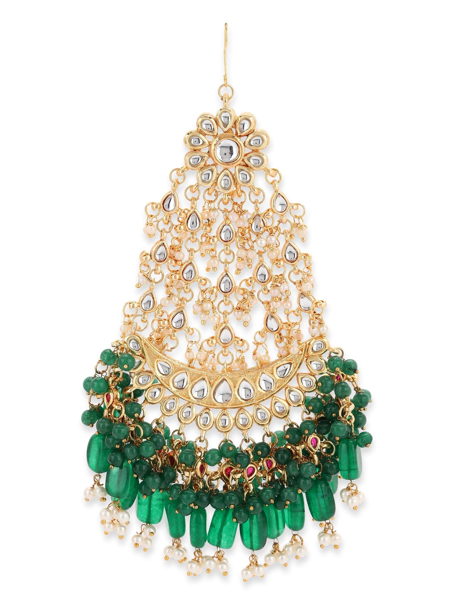 Gold-Polished Green White Kundan-Studded Jhumar Passa - Ruby Raang