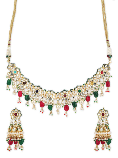 Gold-Polished Green White Kundan Stone-Studded Pearl-Beaded Jewellery Set - Ruby Raang