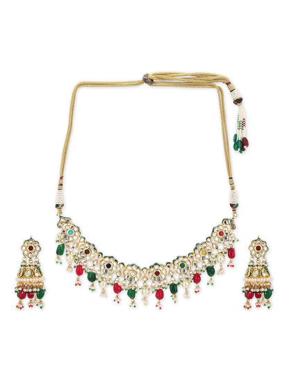Gold-Polished Green White Kundan Stone-Studded Pearl-Beaded Jewellery Set - Ruby Raang