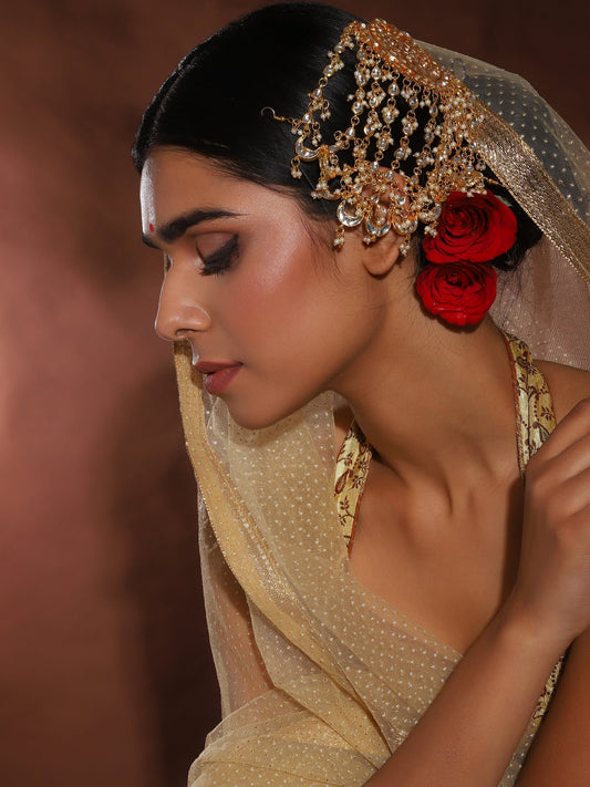 Gold-Polished White Kundan Jhoomarpassa - Ruby Raang