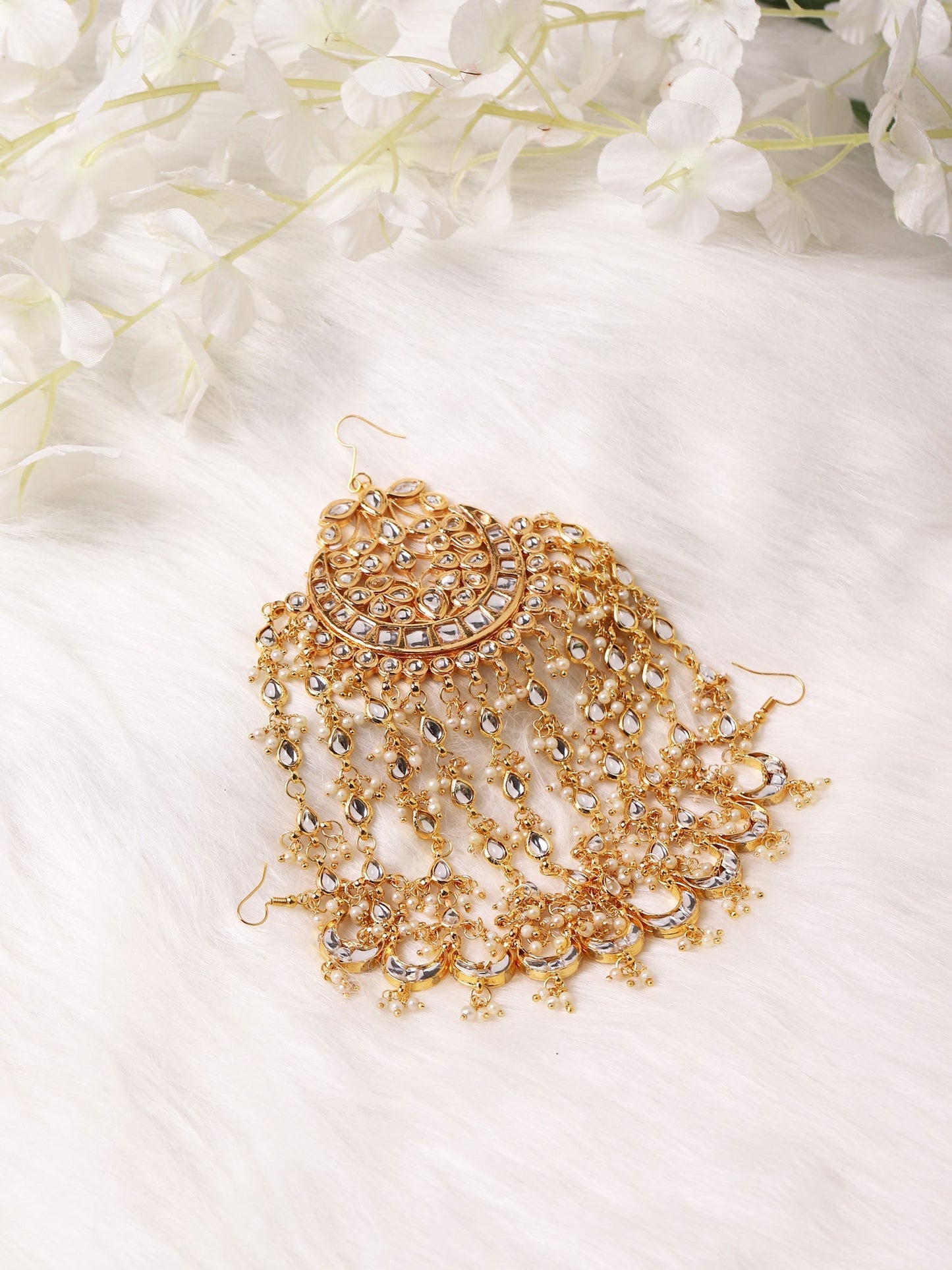 Gold-Polished White Kundan Jhoomarpassa - Ruby Raang