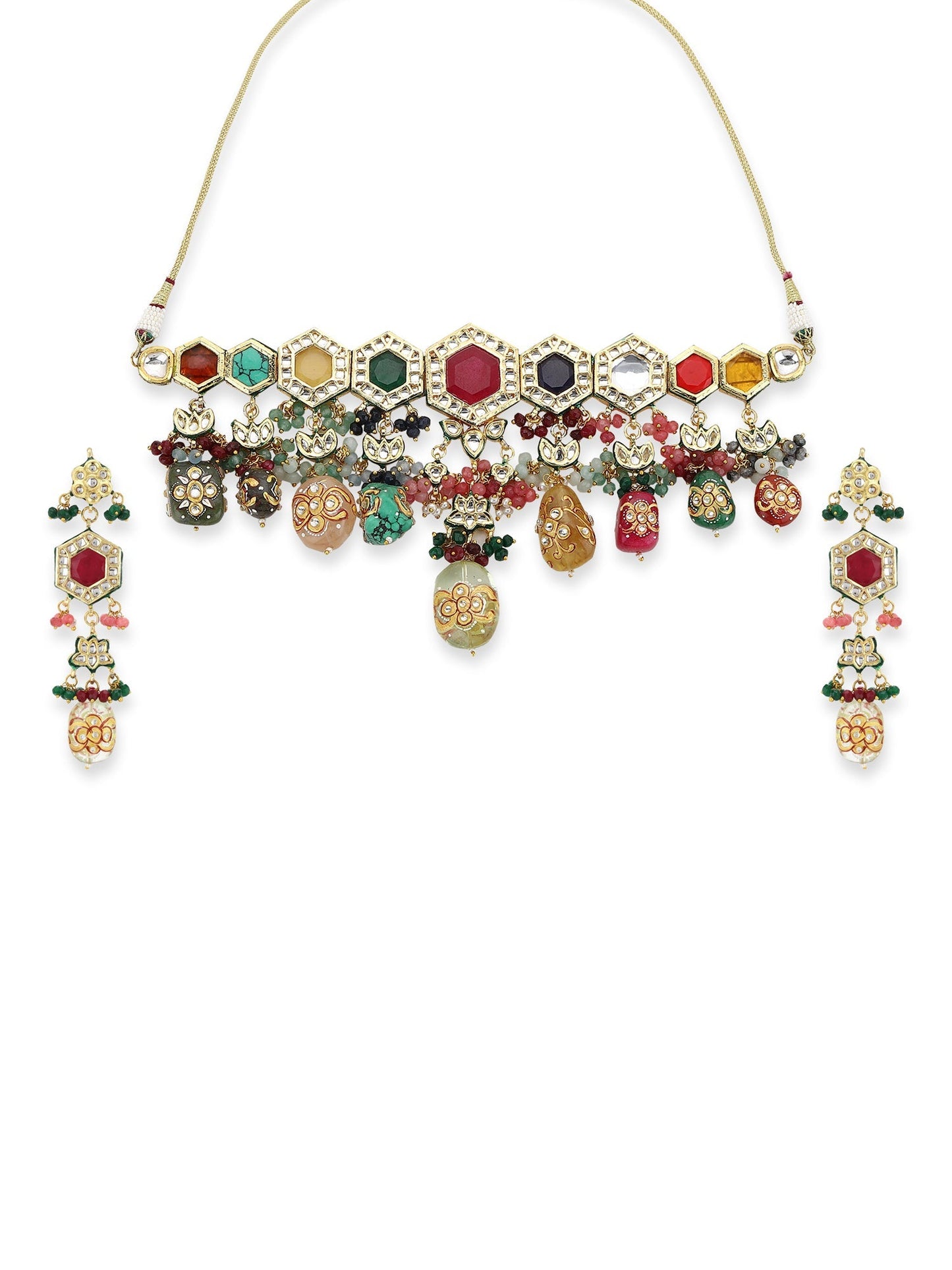 Gold-Polished Multicolored Kundan-Studded Beaded Jewellery Set - Ruby Raang