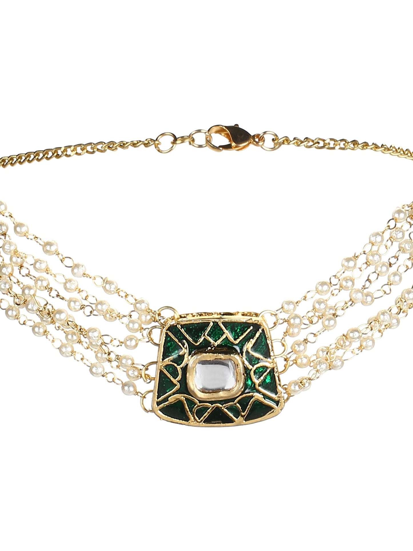 Gold-Polished White Green Brass Kundan Pearls Choker Necklace - Ruby Raang