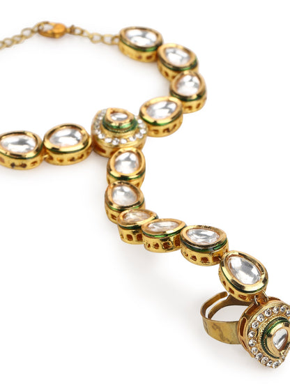 Women's Gold-Polished White Green Brass Kundan Ring Bracelet - Ruby Raang