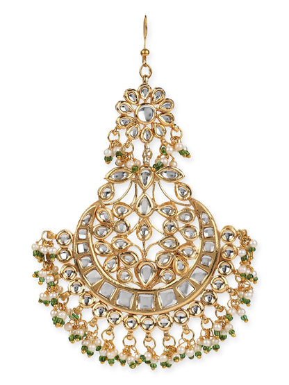 Gold-Polished Kundan Studded Maang Tikka Jhoomar - Ruby Raang