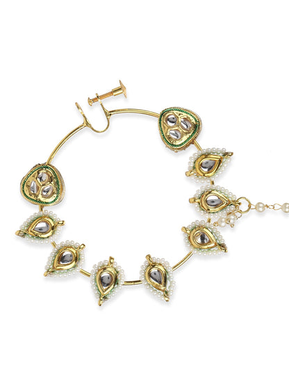 White Gold-Toned Plated Kundan Vilandi Chained Nose Ring - Ruby Raang