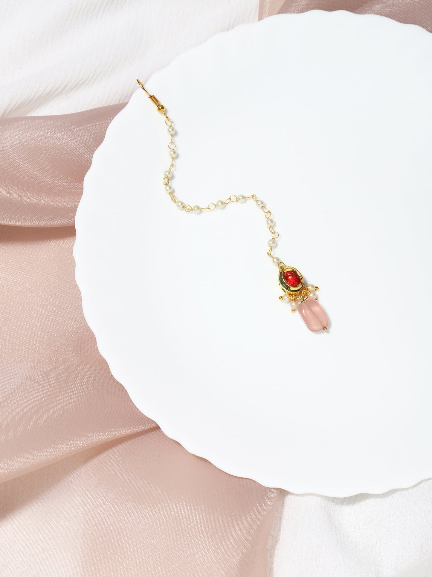 Gold-Polished Red Kundan-Studded Handcrafted Maang Tikka - Ruby Raang