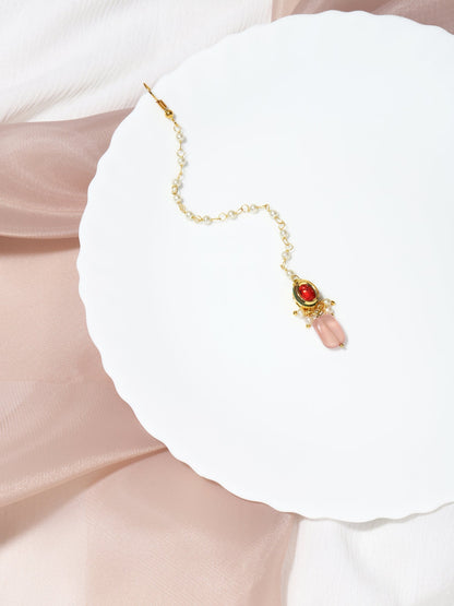 Gold-Polished Red Kundan-Studded Handcrafted Maang Tikka - Ruby Raang