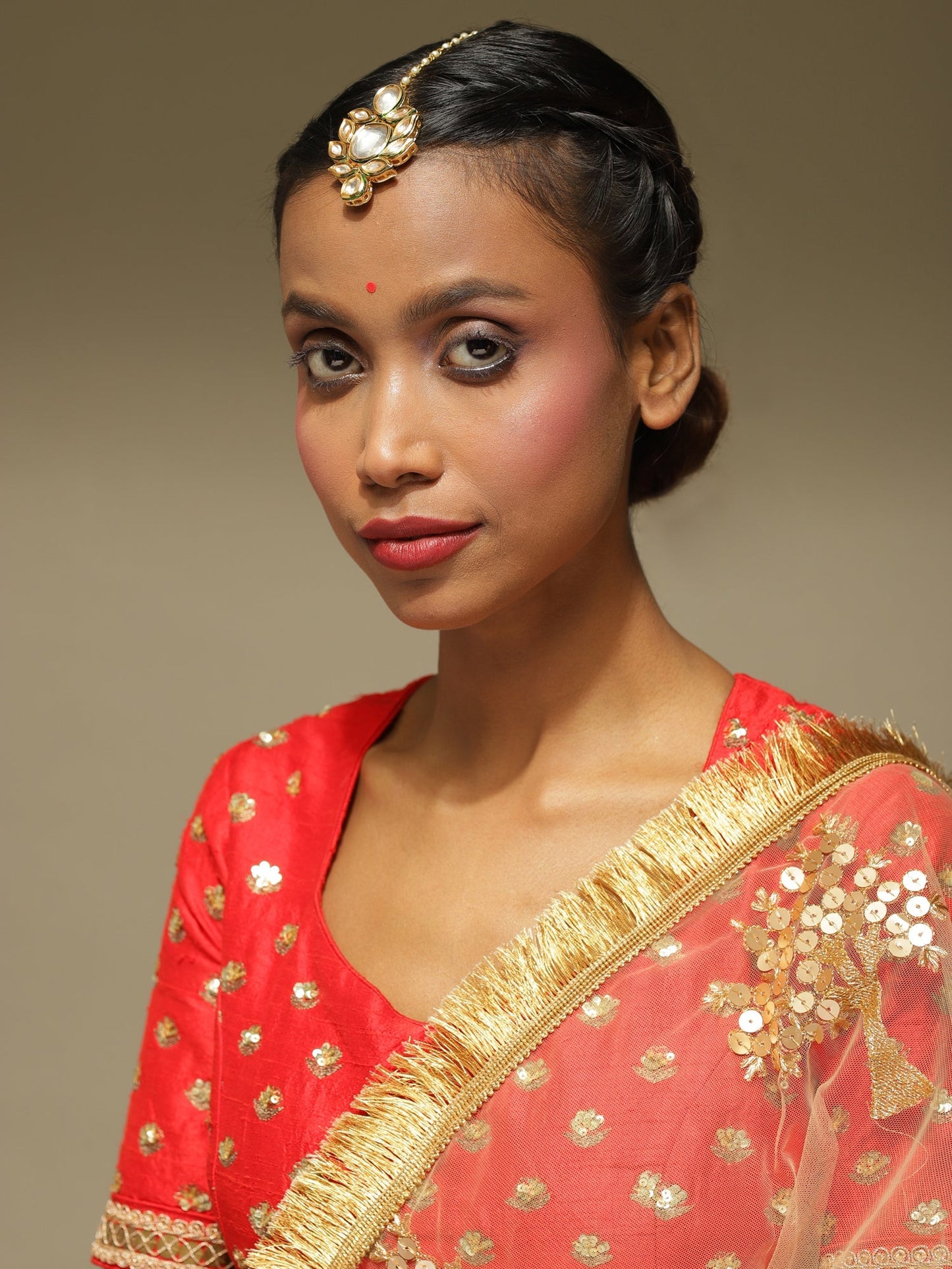Gold-Polished Kundan Maang Tikka - Ruby Raang
