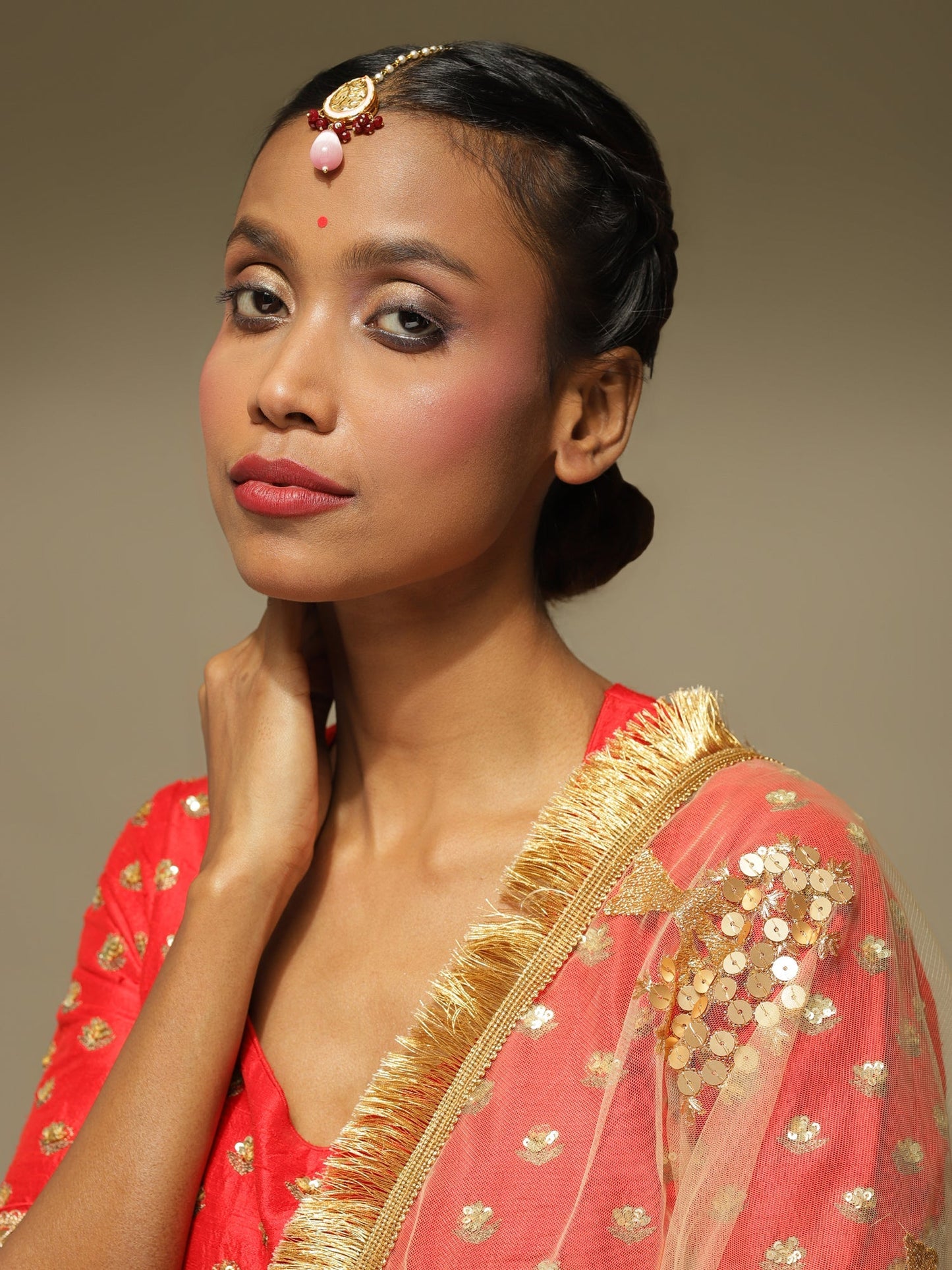 Pink Gold-Polished Kundan Studded Maang Tikka - Ruby Raang