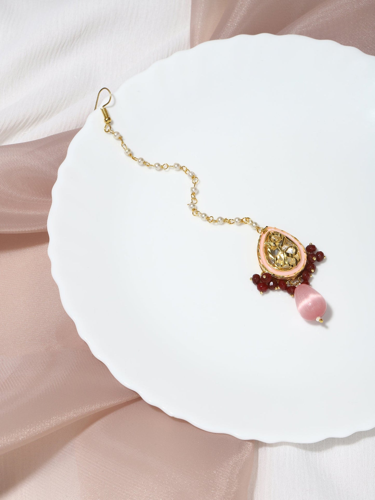 Pink Gold-Polished Kundan Studded Maang Tikka - Ruby Raang