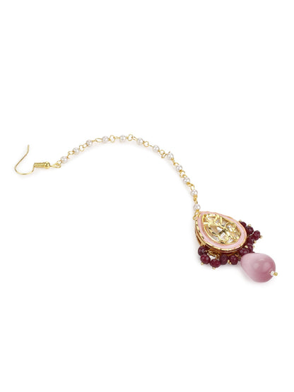 Pink Gold-Polished Kundan Studded Maang Tikka - Ruby Raang