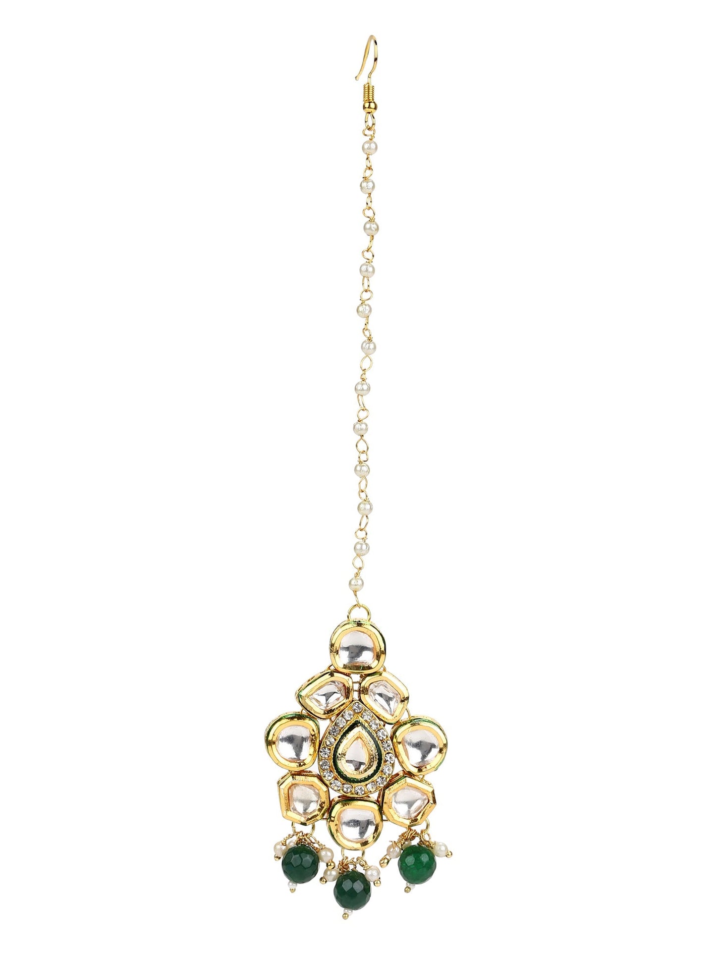 Gold-Polished Green Kundan-Studded Maang Tikka - Ruby Raang