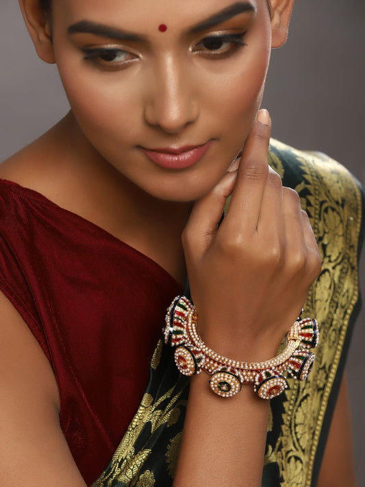 Gold-Polished White Green Stone Studded Meenakari Bangle - Ruby Raang