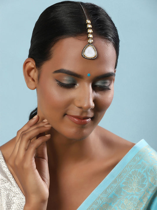 Silver-Plated Kundan Maang Tikka - Ruby Raang