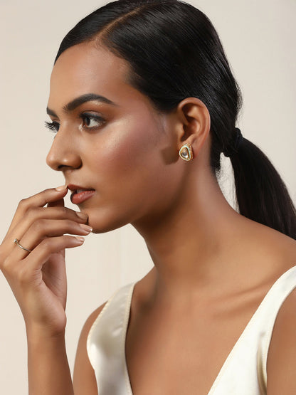 Gold-Polished Triangular Kundan Studded Studs Earrings - Ruby Raang