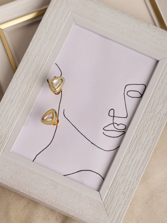 Gold-Polished Triangular Kundan Studded Studs Earrings - Ruby Raang