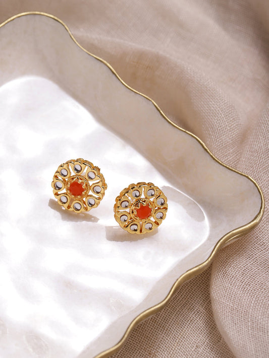 Gold-Polished Floral Shaped Kundan Studded Studs Earrings - Ruby Raang
