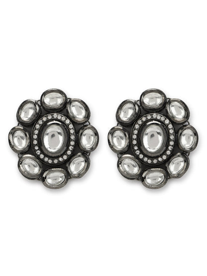 Black Silver-Plated Circular Kundan Studs Earrings - Ruby Raang