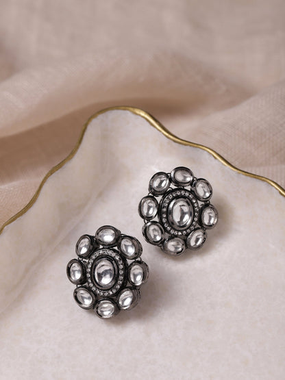 Black Silver-Plated Circular Kundan Studs Earrings - Ruby Raang