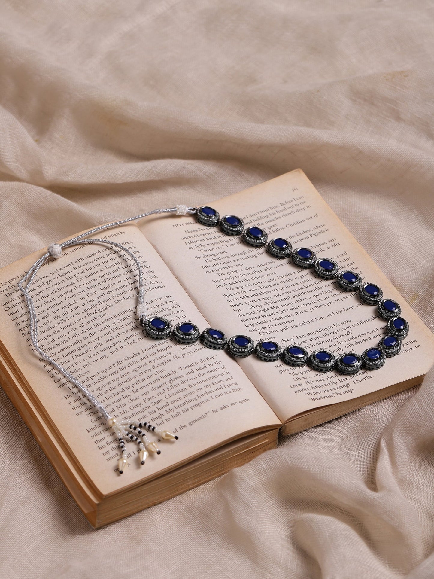 Oxidised Silver-Plated Blue White Kundan Studded Brass Choker Necklace - Ruby Raang