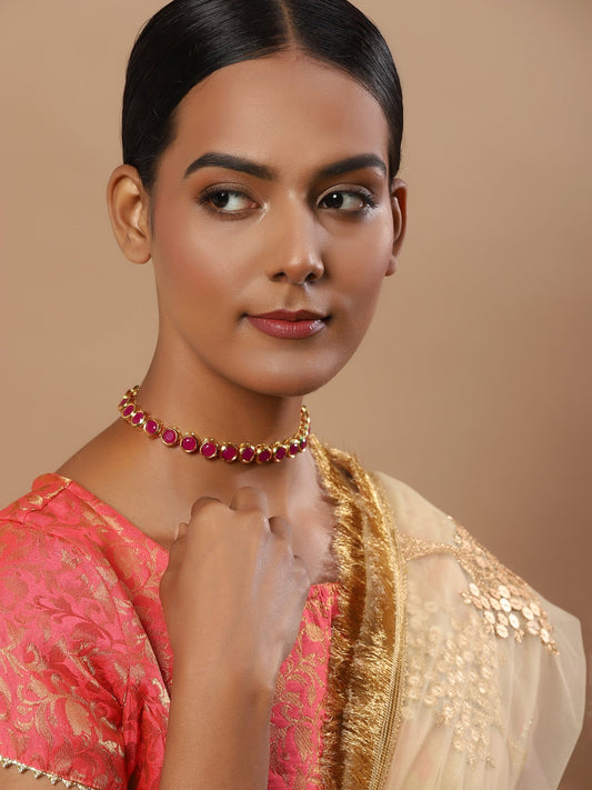 Pink Brass Gold-Polished Necklace - Ruby Raang