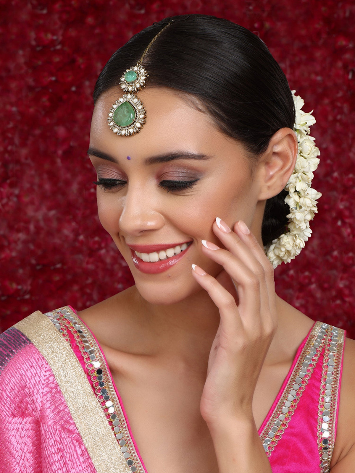 Kundan Maang Tikka with Diamonds & Semi Precious Stone - Ruby Raang
